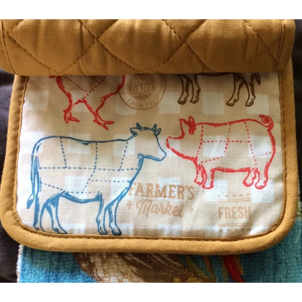 4 Piece Rooster Chicken‎ Pig Cow Set Kitchen Dish Hand Towel Pot Holder NEW